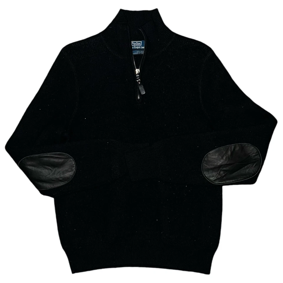 Men’s Polo Ralph Lauren 100% Wool Black Leather Elbows 1/2 Zip Pullover Large - Image 1 of 4