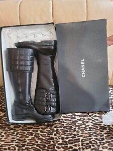 CHANEL. Black Leather Cap Toe Knee High Tall Boots Size 38