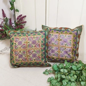 Par de fundas de cojín de tela de algodón hechas a mano seda bordadas 40 X 40 cm 24/4 - Imagen 1 de 9