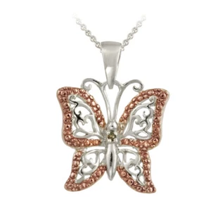 925 Sterling Silver Two-Tone Rose Gold Champagne Diamond Accent Filigree Butterf - Picture 1 of 3