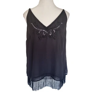 Oasis Women's Cami Tank Top Fringed in Black Size EU 38 Beaded Embellished - Picture 1 of 10