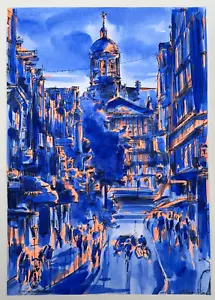 ORIGINAL AMSTERDAM NETHERLANDS PAINTING SIGNED ILLEGIBLE BLUE WATERCOLOR CITY - Picture 1 of 15