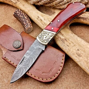 CUSTOM Handmade Damascus Pocket Knife – Folding Knife, Leather Sheath IT-1415 - Picture 1 of 12