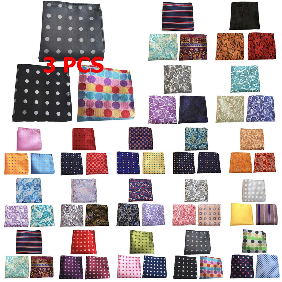 3 PCS Men Flower Paisley Polka Dots Striped Pocket Square Hanky Handkerchief  - Image 1 of 1
