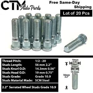 20x Grade 10.9 Serrated Wheel Stud 1/2-20, 0.56"(14.3mm) Knurl 2.2"(56mm) Length - Picture 1 of 1