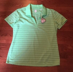 NWT Bolle Tech Women's XL 100% Polyester Green Striped V Neck Short Sleeve Shirt - Picture 1 of 8