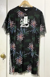 NEW KENZO Black Mesh Layered Floral T-shirt Dress Women's Sz M - Picture 1 of 8