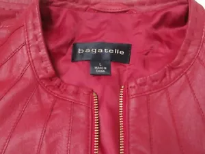 BAGATELLE Red Leather Moto Jacket Women's L Full Zip Sunburst Pattern Style READ - Picture 1 of 12