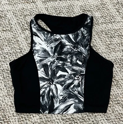 Sujetador deportivo Betsey Johnson Performance blanco y negro floral cuello alto forrado S/M Foto 1 de 4