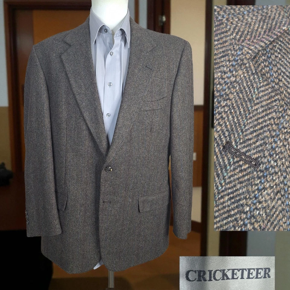 Cricketeer Jacket Blazer Mens 44R Brown Herringbone Stripe Lambswool Wool - Image 1 of 4
