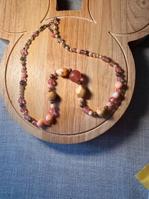 Tumbled carnelian, faceted glass, Coral colored shell beaded necklace 22"    J98 - Image 1 of 2