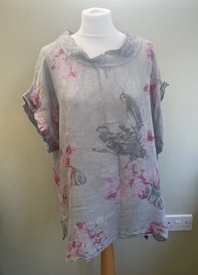 Made In Italy Grey Floral Linen Blouse Size Large UK 16 Cowl Neck - Image 1 of 4