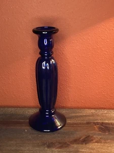 Cobalt Blue Ribbed Glass Candlestick Candle Holder 9” - Picture 1 of 3