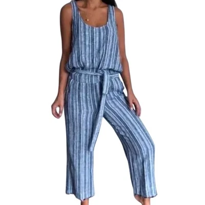 Cloth & Stone Womans Large Linen Striped Beachy Coastal Blue Lightweight Boho - Image 1 of 4