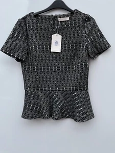 OASIS Black & White Diamond Print Short Sleeved Peplum Top Size S Bnwt - Picture 1 of 4