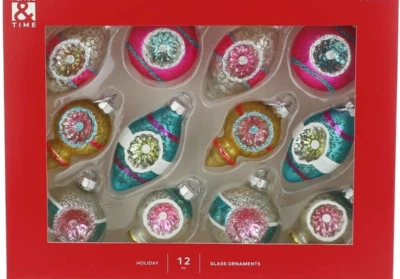 Set Of 12 Nostalgic Christmas Vintage Gold Blue Silver Color Glass Ornaments - Image 1 of 4