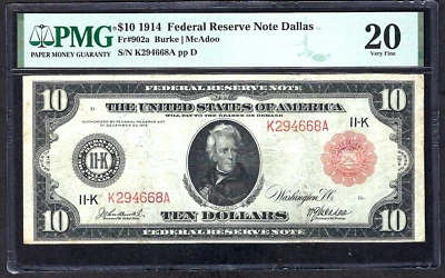 🇺🇸1914 $10 RED-SEAL FR-902a ♚♚DALLAS♚♚ PMG VERY FINE 20, 28 KNOWN,SCARCE NOTE! - Image 1 of 2