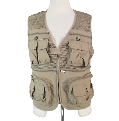Outdoor fly fishing vest men's medium brown nylon pockets - Image 1 of 4