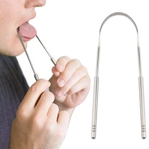 2x Metal Tongue Scraper Cleaning Brush Bad Breath Silver Stainless Steel Tool - Picture 1 of 5