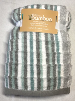 BAMBOO HAND TOWELS (2) AQUA GRAY STRIPES 16 X 26 COTTON RAYON FROM BAMBOO NWT - Image 1 of 2