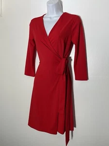 Abito rosso avvolgente ANN TAYLOR scollo a V manica 3/4 davanti cravatta elasticizzato taglia 0 - Foto 1 di 8