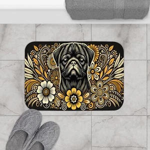 Mops schwarz-gelb Hippie Badematte - Bild 1 von 5