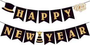 Happy New Year 2025 Banner Hanging, Happy New Year Party Supplies - Black & Gold - Picture 1 of 12