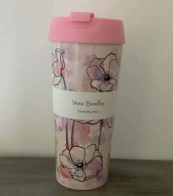 Taza de viaje aislada Vera Bradley 16 oz anémona acuarela rosa floral nueva con etiquetas Foto 1 de 4