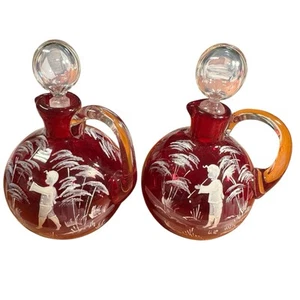 Vintage Pair Fenton Cranberry Glass Mary Gregory Cruets 5.5” Tall x 3” Diameter - Picture 1 of 15