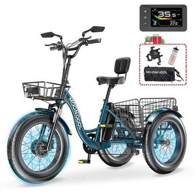 MOONCOOL Electric Tricycle for Adults, 20" Fat Tire Electric Trike Peak 1100W