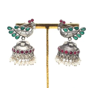 Pendientes para mujer Jhumka de plata antigua de pavo real granate y ónix o897 - Imagen 1 de 5