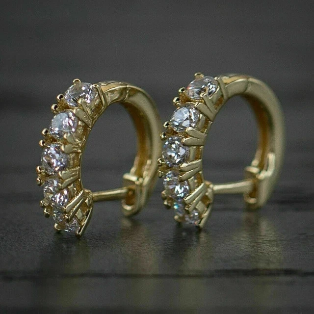 0.80Ct Lab Created Diamond Huggie Hoop Earrings Solid 14K Yellow Gold Finish - Image 1 of 4