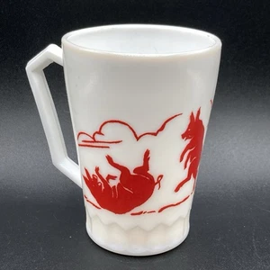 Vintage White Milk Glass “3 Three Little Pigs” Red Print Child Mug Cup - Picture 1 of 6