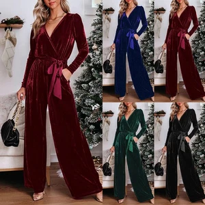 Damen Jumpsuit Elegant Samt Overall V-Neck Langarm Einteiler Romper Hoseanzug DE - Bild 1 von 18