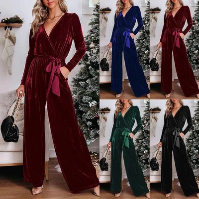 Damen Jumpsuit Elegant Samt Overall V-Neck Langarm Einteiler Romper Hoseanzug DE - Bild 1 von 4