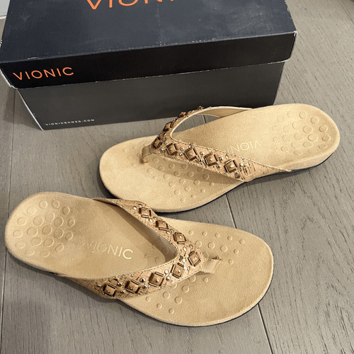 Vionic Rest Floriana Toe Post Sandals Rhinestone G Cork Womens US 8