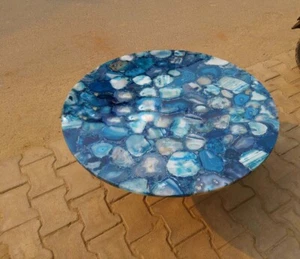 Natural Blue Agate Round Center Table, Coffee Table Collectible Kitchen Table - Picture 1 of 3