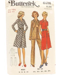 1970s Butterick 6466 Ladies Shirtdress Top Pants Sewing Pattern size 18 1/2 - Picture 1 of 4