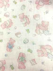2 METRES X NURSERY PRINT FABRIC PINK PASTEL COOKING TEDDIES ON WHITE POLYCOTTON - Picture 1 of 3