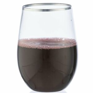 Disposable Silver Rim Stemless Wine Goblet Glasses 16 Oz Set For Parties [BULK]