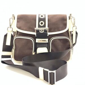 Prada Messenger Bag Shoulder Canvas Leather Brown White Silver Magnetic Closure