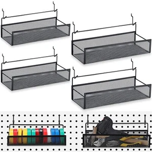 Pegboard Baskets Bins Set 4 Pcs Metal Pegboard Baskets with 8 Pcs Black Hooks... - Picture 1 of 7