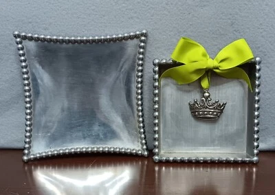 Mud Pie Crown Cocktail Napkin Metal Basket Green Ribbon Accent & Silver Tray  - Image 1 of 4