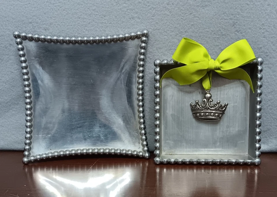 Mud Pie Crown Cocktail Napkin Metal Basket Green Ribbon Accent & Silver Tray  - Image 1 of 4