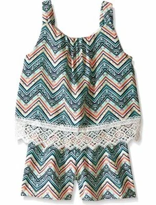 My Michelle Girls' Big Printed Popover Romper with Lace Hem Detail, Multi, X-Lar - Picture 1 of 1