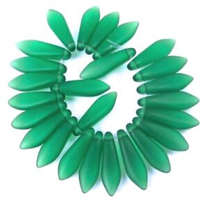 25 Czech Frosted Sea Glass Dagger Beads - Matte - Green Emerald 16x5mm
