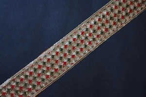 Borde vintage Jasdee 2" ancho trabajo manual lentejuelas bordado por yarda #A1255 - Imagen 1 de 1