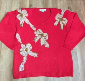 Vtg Victoria Harbour Sz L Red Christmas Sweater Beaded Bow Knit Top V Neck - Picture 1 of 9