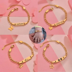 Stainless Steel Personalized Custom Newborn Baby Name Bar Bracelet Link Chain - Picture 1 of 23