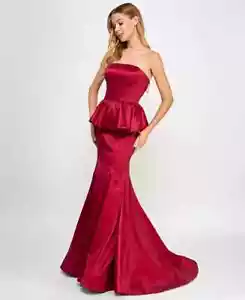 B Darlin Women Juniors' Peplum Strapless Gown Long Formal Dress Ruby Red 1/2 - Picture 1 of 11
